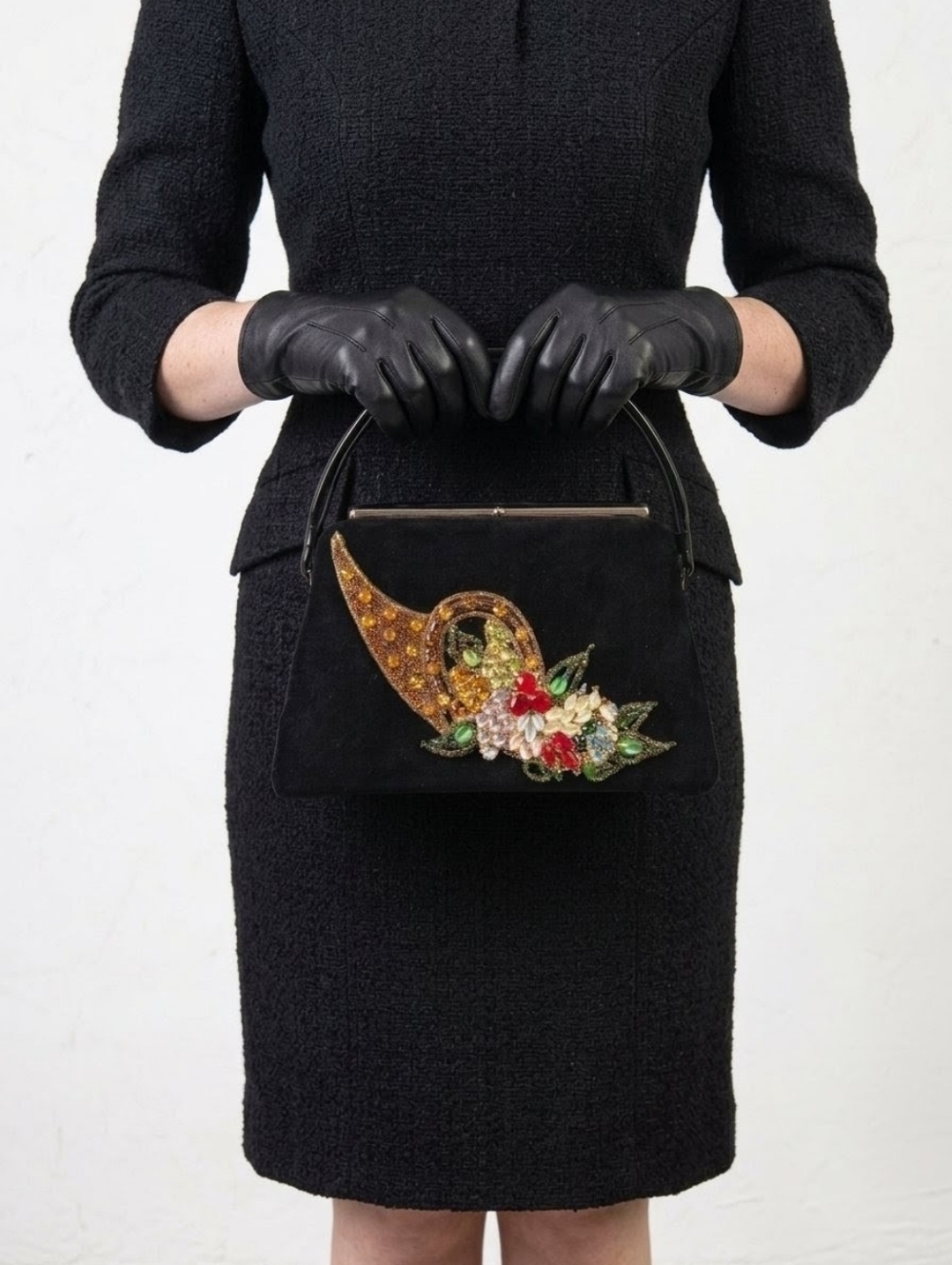 Caron of Houston Vintage Black Bejeweled Cornucopia Clutch